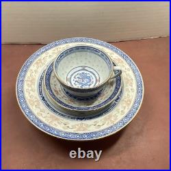 20 piece Vtg Blue & Peach China Chinese Dragon & Rice Grain Porcelain Gold Trim