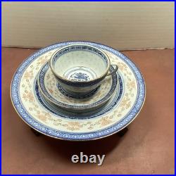 20 piece Vtg Blue & Peach China Chinese Dragon & Rice Grain Porcelain Gold Trim