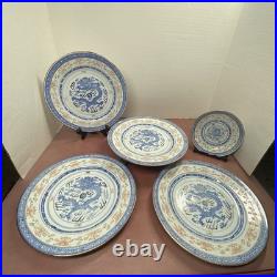 20 piece Vtg Blue & Peach China Chinese Dragon & Rice Grain Porcelain Gold Trim
