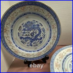 20 piece Vtg Blue & Peach China Chinese Dragon & Rice Grain Porcelain Gold Trim