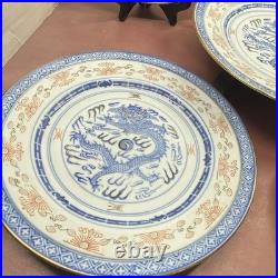 20 piece Vtg Blue & Peach China Chinese Dragon & Rice Grain Porcelain Gold Trim