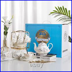22-Pieces Porcelain Bone China Tea Sets, Gold Rim Coffee Set with Golden Metal