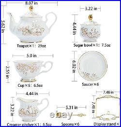 22-Pieces Porcelain Bone China Tea Sets, Gold Rim Coffee Set with Golden Metal