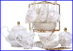 22-Pieces Porcelain Bone China Tea Sets, Gold Rim Coffee Set with Golden Metal Ra