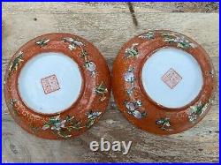 2 Chinese Antique Porcelain Red Gold Famille Rose Dishes Plates 19 20 Century