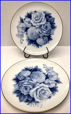 2 Very Rare Okura Japan Art China Blue Rose Bouquet 10.5 Gold Rim Plates