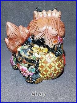 2 Vtg Ceramic Porcelain Enamel Black/ Rust/Gold Foo Dog Guardian Lion Statue