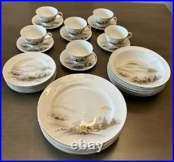 36 Pc Kutani China Japan HP Mountain Scene Gold White Dinner Set