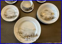 36 Pc Kutani China Japan HP Mountain Scene Gold White Dinner Set