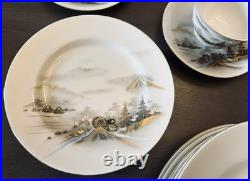 36 Pc Kutani China Japan HP Mountain Scene Gold White Dinner Set