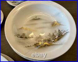 36 Pc Kutani China Japan HP Mountain Scene Gold White Dinner Set