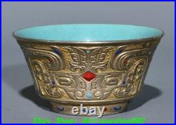 3.6''Qing Qianlong Marked Famille Rose Porcelain Gold Beast Face Cup Mug Teacup