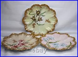 3 Limoges AL Hand Painted 9 Oyster Plates Gold Scalloped Rim France