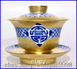 4.1'' Qing Qianlong Blue White Porcelain Gold Gilt Blessing Bowl Bowls Set 4.1'' Qing Qianlong Blue White Porcelain Gold Gilt Blessing Bowl Bowls Set