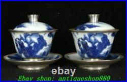 4.4''Qing Qianlong Blue White Porcelain Gold landscape Cup Mug Teacup Pair 4.4''Qing Qianlong Blue White Porcelain Gold landscape Cup Mug Teacup Pair