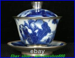4.4''Qing Qianlong Blue White Porcelain Gold landscape Cup Mug Teacup Pair 4.4''Qing Qianlong Blue White Porcelain Gold landscape Cup Mug Teacup Pair