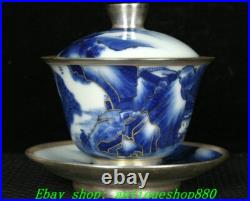4.4''Qing Qianlong Blue White Porcelain Gold landscape Cup Mug Teacup Pair 4.4''Qing Qianlong Blue White Porcelain Gold landscape Cup Mug Teacup Pair