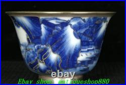 4.4''Qing Qianlong Blue White Porcelain Gold landscape Cup Mug Teacup Pair 4.4''Qing Qianlong Blue White Porcelain Gold landscape Cup Mug Teacup Pair