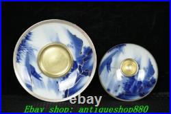 4.4''Qing Qianlong Blue White Porcelain Gold landscape Cup Mug Teacup Pair 4.4''Qing Qianlong Blue White Porcelain Gold landscape Cup Mug Teacup Pair