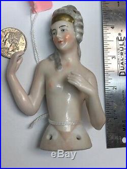 4.5 Antique German Porcelain Half 1/2 Doll Nude Beautiful Gold Headpiece #CC