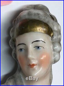 4.5 Antique German Porcelain Half 1/2 Doll Nude Beautiful Gold Headpiece #CC