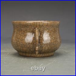 4.7 China Ge Kiln Brown Glaze Porcelain Gold Wire Two Ear Incense Burner