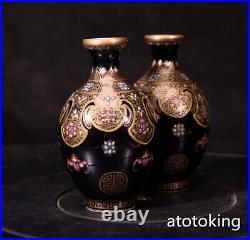4.8China antique porcelain Qing Black gold glaze fu longevity shawl vase a pair