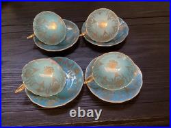4 Vintage Coalport Sky Blue & Gold Footed Teacup & Saucer Set Fine Bone China