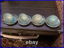 4 Vintage Coalport Sky Blue & Gold Footed Teacup & Saucer Set Fine Bone China