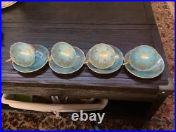 4 Vintage Coalport Sky Blue & Gold Footed Teacup & Saucer Set Fine Bone China