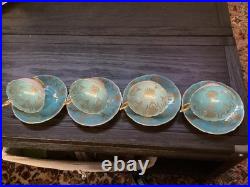 4 Vintage Coalport Sky Blue & Gold Footed Teacup & Saucer Set Fine Bone China