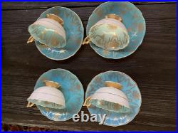 4 Vintage Coalport Sky Blue & Gold Footed Teacup & Saucer Set Fine Bone China