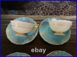 4 Vintage Coalport Sky Blue & Gold Footed Teacup & Saucer Set Fine Bone China