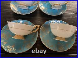 4 Vintage Coalport Sky Blue & Gold Footed Teacup & Saucer Set Fine Bone China