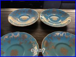 4 Vintage Coalport Sky Blue & Gold Footed Teacup & Saucer Set Fine Bone China
