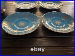 4 Vintage Coalport Sky Blue & Gold Footed Teacup & Saucer Set Fine Bone China