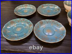 4 Vintage Coalport Sky Blue & Gold Footed Teacup & Saucer Set Fine Bone China