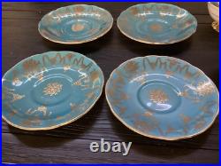 4 Vintage Coalport Sky Blue & Gold Footed Teacup & Saucer Set Fine Bone China