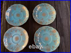 4 Vintage Coalport Sky Blue & Gold Footed Teacup & Saucer Set Fine Bone China