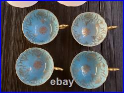 4 Vintage Coalport Sky Blue & Gold Footed Teacup & Saucer Set Fine Bone China