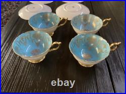 4 Vintage Coalport Sky Blue & Gold Footed Teacup & Saucer Set Fine Bone China