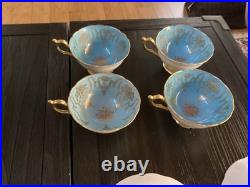 4 Vintage Coalport Sky Blue & Gold Footed Teacup & Saucer Set Fine Bone China