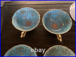 4 Vintage Coalport Sky Blue & Gold Footed Teacup & Saucer Set Fine Bone China