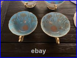 4 Vintage Coalport Sky Blue & Gold Footed Teacup & Saucer Set Fine Bone China