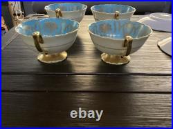4 Vintage Coalport Sky Blue & Gold Footed Teacup & Saucer Set Fine Bone China