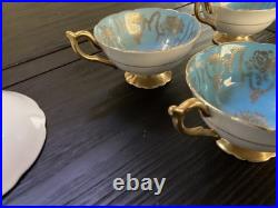 4 Vintage Coalport Sky Blue & Gold Footed Teacup & Saucer Set Fine Bone China