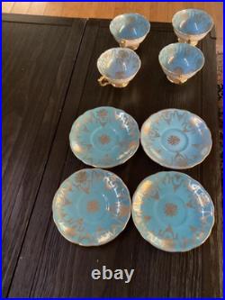 4 Vintage Coalport Sky Blue & Gold Footed Teacup & Saucer Set Fine Bone China