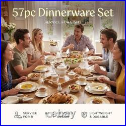 57Pc Bone China Dinnerware Set Gold Greek Key Service for 8 Plates Bowls Cups