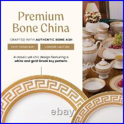 57Pc Bone China Dinnerware Set Gold Greek Key Service for 8 Plates Bowls Cups