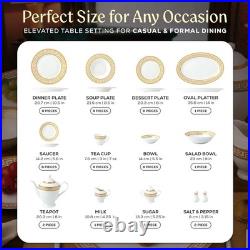 57Pc Bone China Dinnerware Set Gold Greek Key Service for 8 Plates Bowls Cups